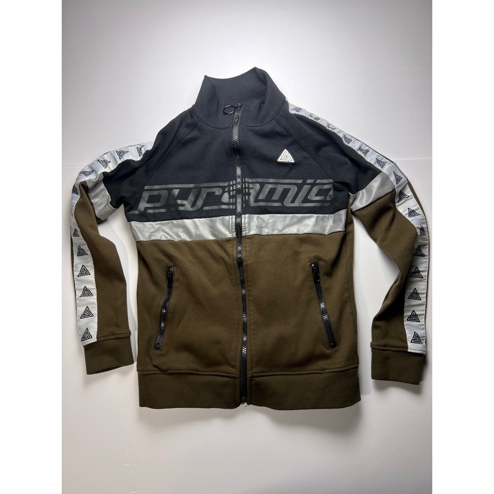 Black Pyramid Track Jacket Mens XS Olive Black Silver Reflective Logo Tape Zip